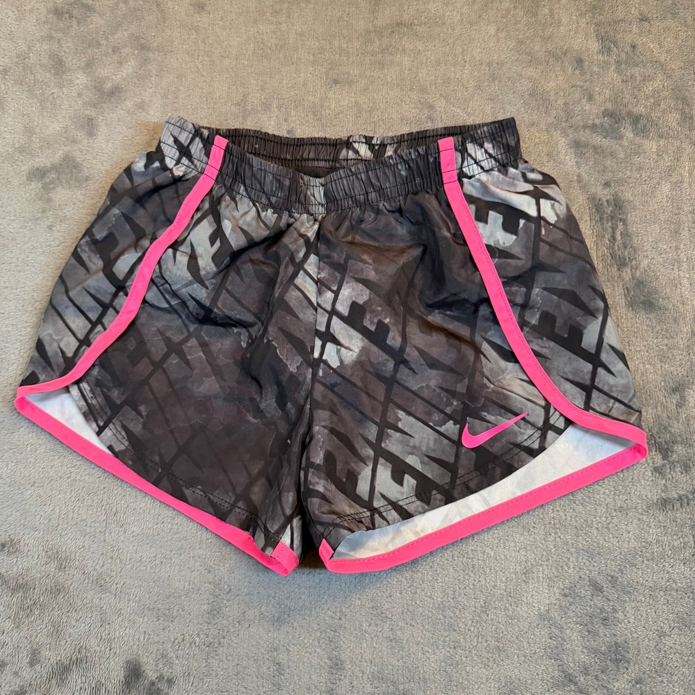 Nike Dri Fit Shorts Girls Medium 5-6 Years Black Gray Pink‎ Geometric Athletic